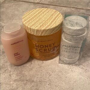 My Beauty Spot Honey Scrub, Method Body Pure Peace, Eucalyptus Shower Steamers